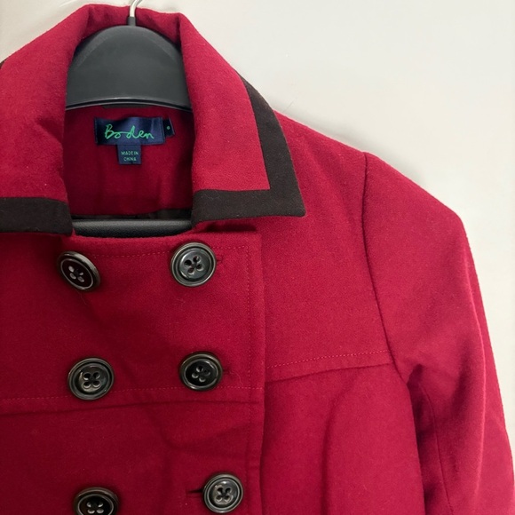 Boden Collared Wool-Blend Double Breasted Pea Coat Jacket Size 8 Red & Black - Picture 4 of 12
